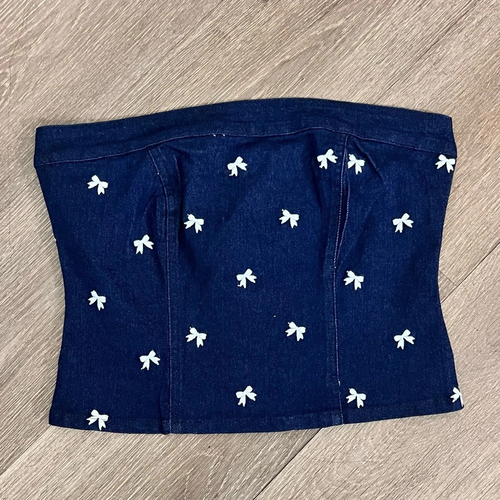 Denim Bustier Top with Embroidered Bows Detail Girly Coquette Barbiecore Size M